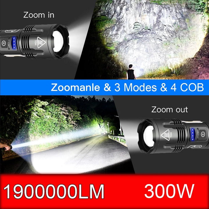 300 Watt Led Most Powerful Flashlight, USB Rechargeable High power Torch light,  Tactical Lantern, Multifunctional Brightest flashlight ever