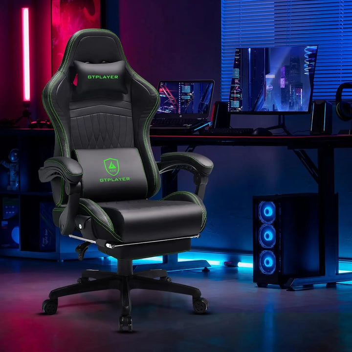 Racing style GTPLAYER Chair Computer Gaming Chair (Leather, Green) , Gaming office chair Leather with speakers