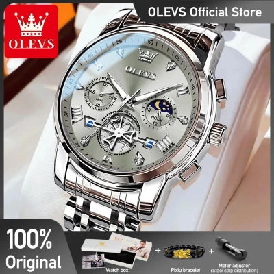 OLEVS Men's Watches Classic Multifunctional Fltwheel Chronograph Original Quartz Wristwatch Moon Phase 24 Hour Waterproof Mens Casual Gentlemens watch